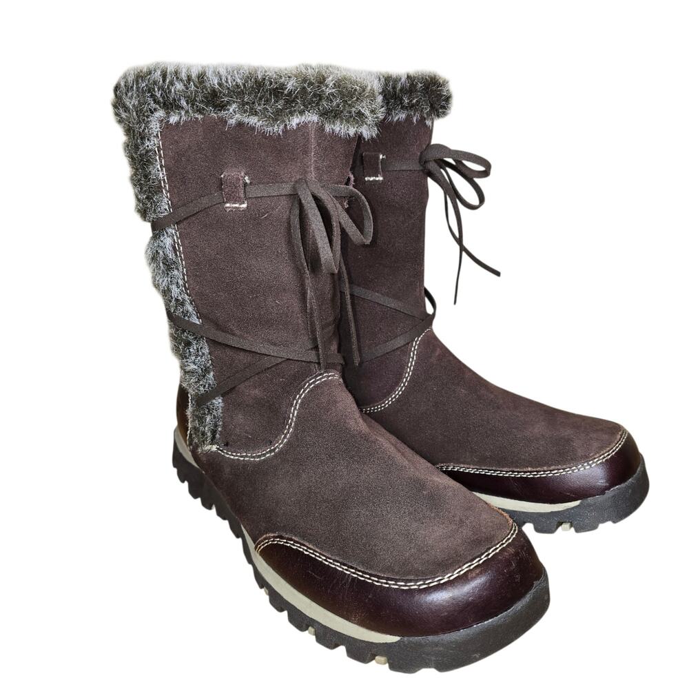 Skechers Suede Leather Brown Faux Fur Lining Zipper Lug sole Boots US Womens 8